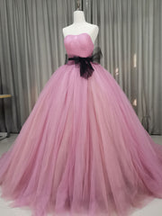 Bridesmaid Dress Long Sleeve, Pink Sweetheart Neck Tulle Long Prom Dress Pink Tulle Formal Sweet 16 Dress