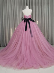 Wedding Invitations, Pink Sweetheart Neck Tulle Long Prom Dress Pink Tulle Formal Sweet 16 Dress