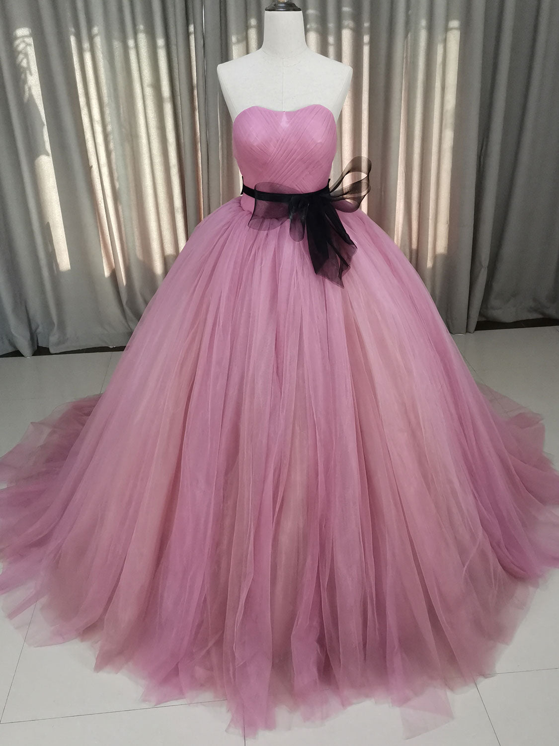 Bridesmaids Dresses Long Sleeve, Pink Sweetheart Neck Tulle Long Prom Dress Pink Tulle Formal Sweet 16 Dress