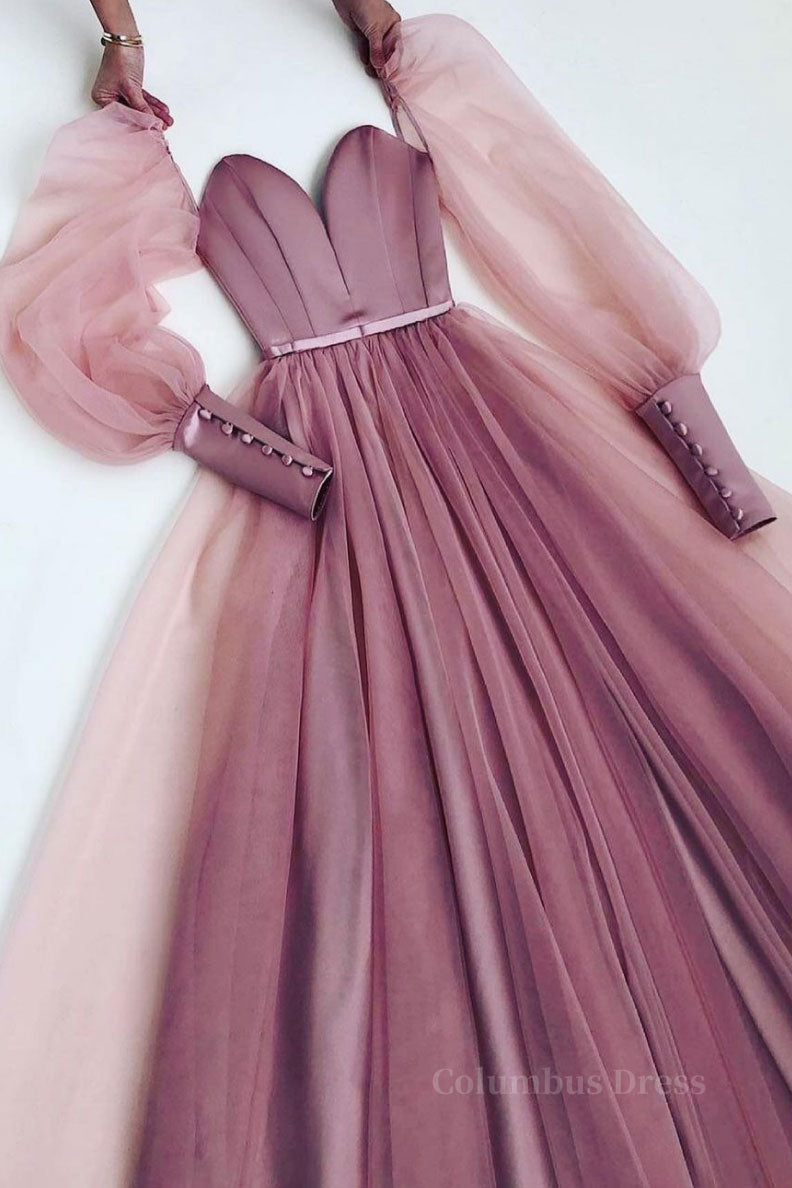 Party Dress Modest, Pink  sweetheart neck tulle long prom dress tulle formal dress