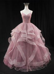 Evening Dresses Fitted, Pink Sweetheart Tulle Long Evening Dress Prom Dress, Pink Sweet 16 Gown