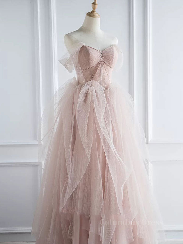 Prom Dresses For Girl, Pink sweetheart tulle long prom dress, pink tulle formal dress