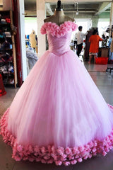 Homecoming Dresses Sweetheart, Pink tulle 3d flower tulle long prom gown, pink tulle evening dress