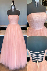 Prom Dresses Vintage, Pink tulle A-line long prom dress tulle formal dress