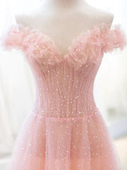 Short White Dress, Pink Tulle A-line Long Prom Dress with Sequins, Off Shoulder Evening Dresses