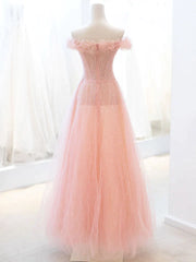 Prom Look, Pink Tulle A-line Long Prom Dress with Sequins, Off Shoulder Evening Dresses