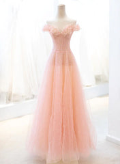 Formal Dress Short, Pink Tulle A-line Long Prom Dress with Sequins, Off Shoulder Evening Dresses