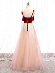 Bridesmaids Dress Fall, Pink Tulle and Velvet Long Lace Applique Straps Floor Length Party Dress, A-line Long Pink Prom Dress