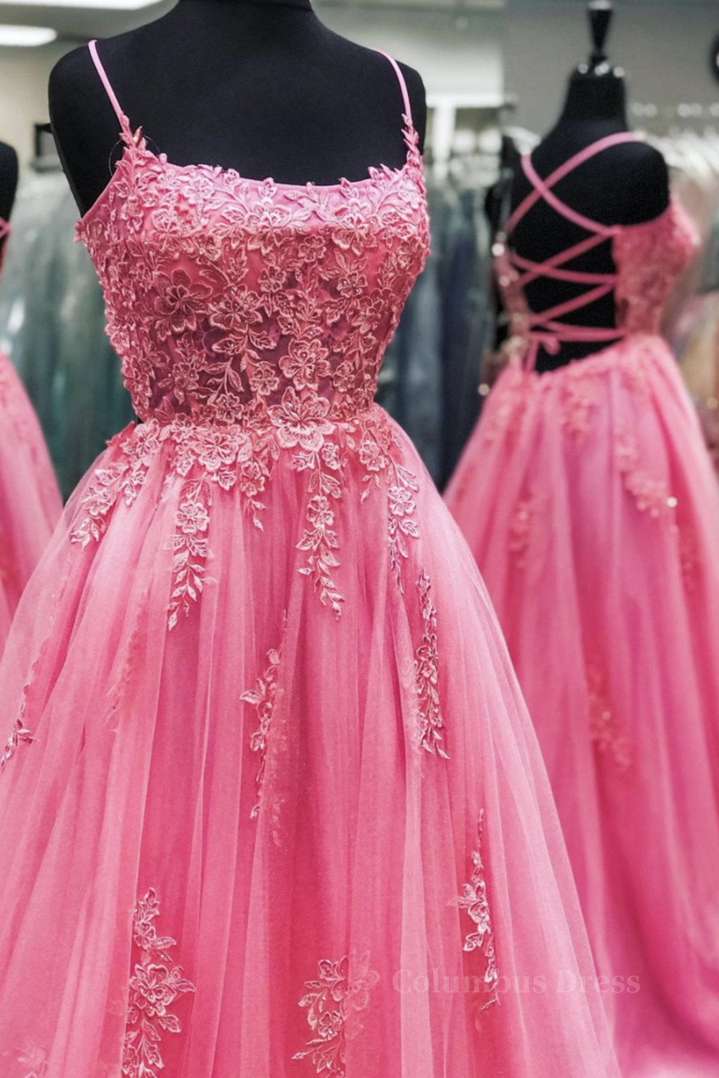 Evening Dress Elegant, Pink Tulle Backless Lace Floral Long Prom Dress, Pink Lace Formal Dress, Pink Evening Dress