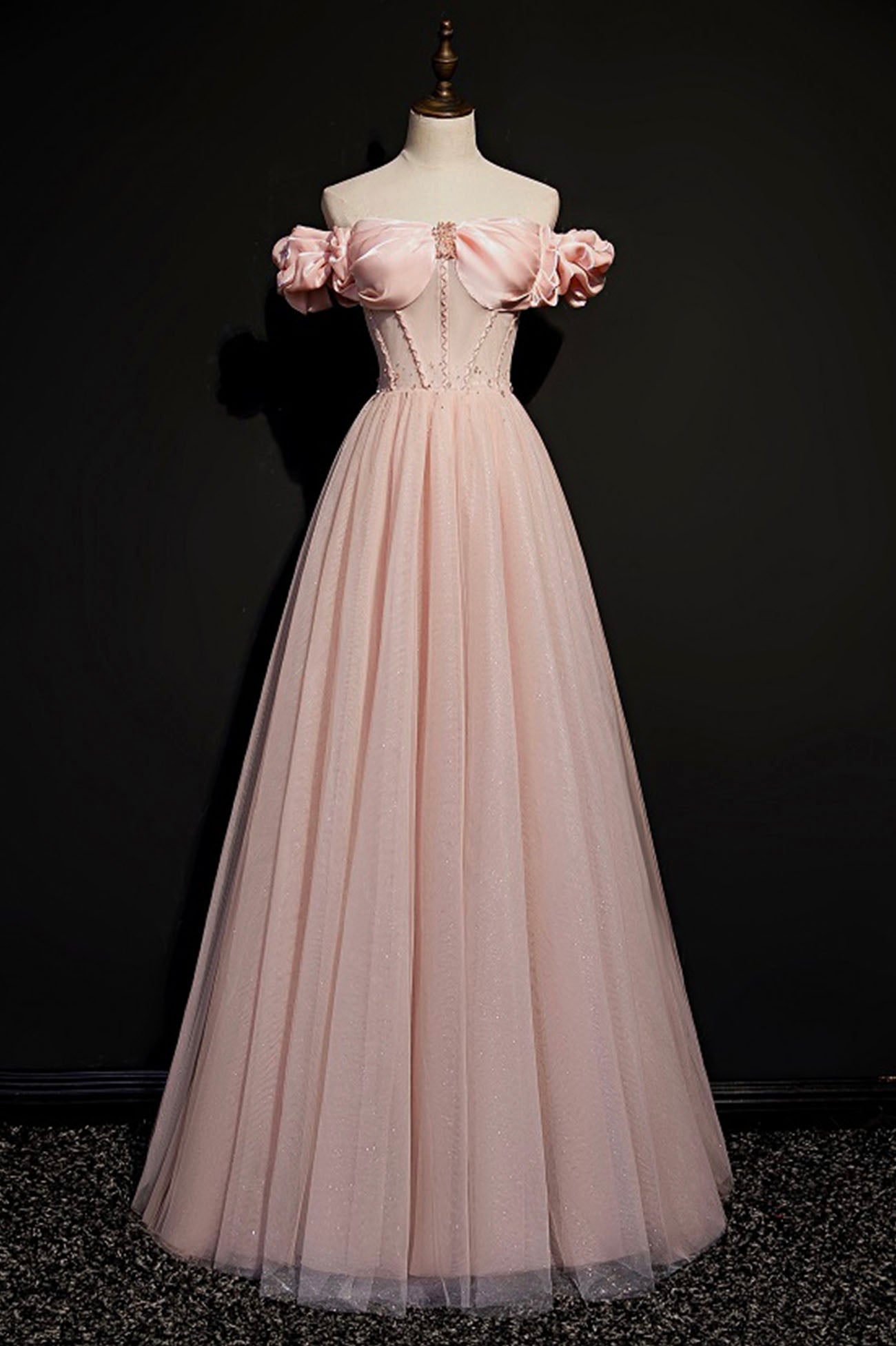 Prom Dress Different, Pink Tulle Beaded Long A-Line Prom Dress, Pink Off the Shoulder Evening Dress