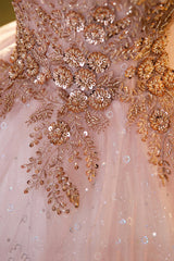 Bridesmaid Dress Inspo, Pink Tulle Beaded Long Ball Gown, A-Line Prom Dress, Pink Sweet 16 Dress