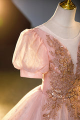 Bridesmaid Dress Mismatched, Pink Tulle Beaded Long Ball Gown, A-Line Prom Dress, Pink Sweet 16 Dress