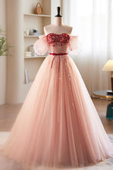Bridesmaids Dress Short, Pink Tulle Beaded Long Prom Dress, A-Line Off Shoulder Evening Party Dress