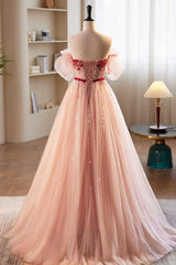 Bridesmaid Dress With Sleeve, Pink Tulle Beaded Long Prom Dress, A-Line Off Shoulder Evening Party Dress