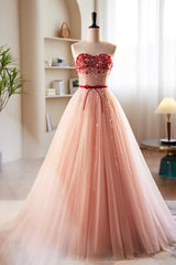Bridesmaid Dresses With Sleeve, Pink Tulle Beaded Long Prom Dress, A-Line Off Shoulder Evening Party Dress