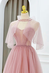 Party Dress Idea, Pink Tulle Beaded Long Prom Dress, Lovely Pink Evening Dress