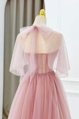 Party Dresses Online, Pink Tulle Beaded Long Prom Dress, Lovely Pink Evening Dress