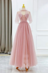 Party Dresses Cheap, Pink Tulle Beaded Long Prom Dress, Lovely Pink Evening Dress