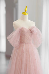 Bridesmaid Dresses In Store, Pink Tulle Floor Length Prom Dress, Cute A-Line Evening Party Dress