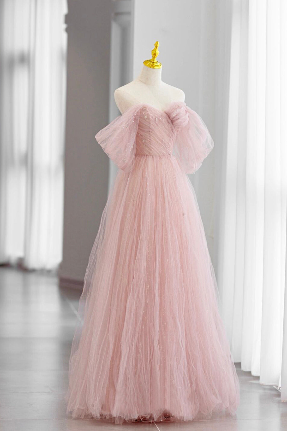 Bridesmaid Dress Website, Pink Tulle Floor Length Prom Dress, Cute A-Line Evening Party Dress