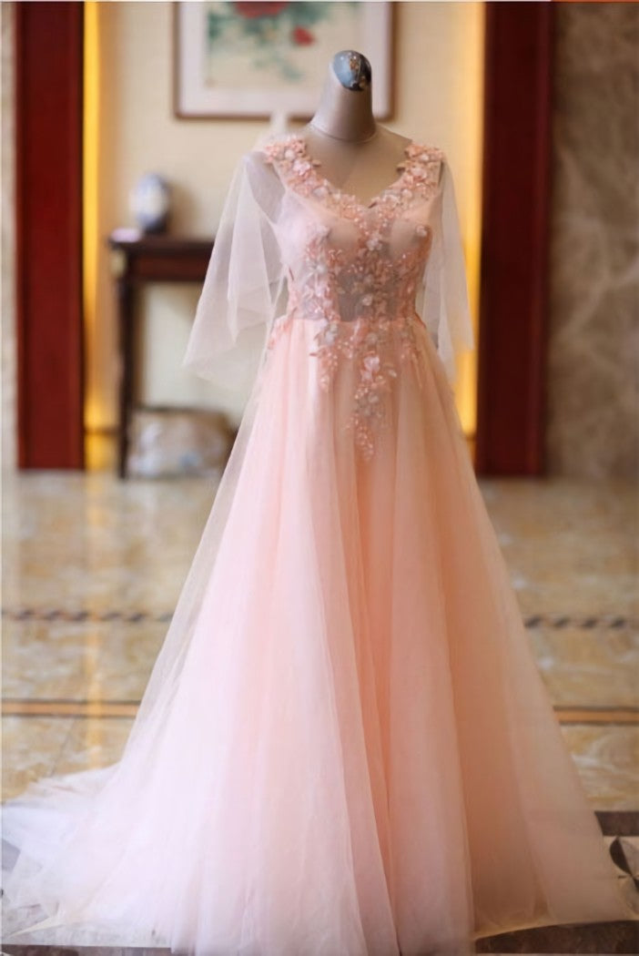 Prom Dress And Boots, Pink Tulle Floral Applique Prom Dresses, Puff Sleeves Long Formal Dress