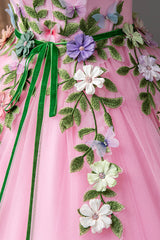 Bridesmaid Dress Strapless, Pink Tulle Flower Long Prom Dresses, Cute Spaghetti Sweet 16 Dresses