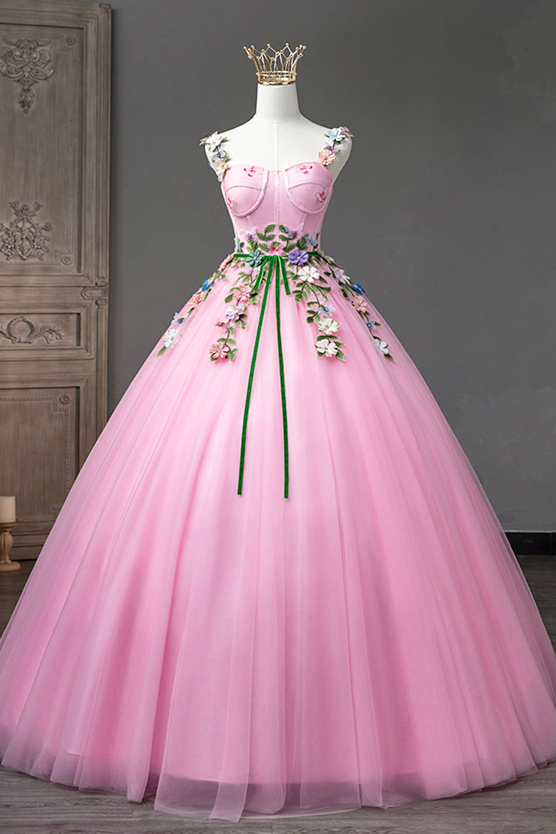 Bridesmaids Dress Peach, Pink Tulle Flower Long Prom Dresses, Cute Spaghetti Sweet 16 Dresses