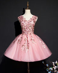 Party Dresses For Teenage Girl, Pink Tulle Flowers Homecoming Dress, Short Pink Teen Formal Dress