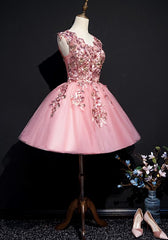 Party Dress For Teenage Girl, Pink Tulle Flowers Homecoming Dress, Short Pink Teen Formal Dress