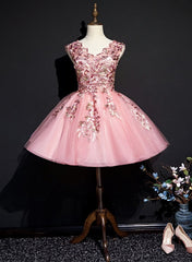 Party Dresses For Teenage Girls, Pink Tulle Flowers Homecoming Dress, Short Pink Teen Formal Dress