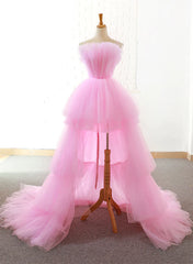 Evening Dresses Knee Length, Pink Tulle High Low Layers Homecoming Dress, Pink Evening Dresses