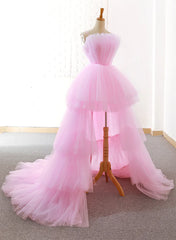 Evening Dress Knee Length, Pink Tulle High Low Layers Homecoming Dress, Pink Evening Dresses