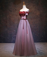 Formal Dresses For Girls, Pink Tulle Lace Applique Long Prom Dress, Burgundy Lace Evening Dress
