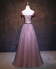 Formal Dresses With Sleeves For Weddings, Pink Tulle Lace Applique Long Prom Dress, Burgundy Lace Evening Dress