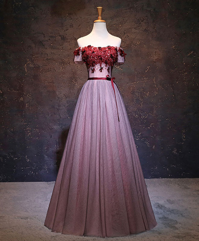 Formal Dresses For Fall Wedding, Pink Tulle Lace Applique Long Prom Dress, Burgundy Lace Evening Dress