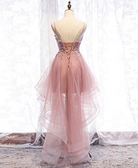 Prom Dresses With Shorts, Pink Tulle Lace High Low Prom Dress, Pink Homecoming Dress