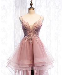Prom Dresses For Adults, Pink Tulle Lace High Low Prom Dress, Pink Homecoming Dress