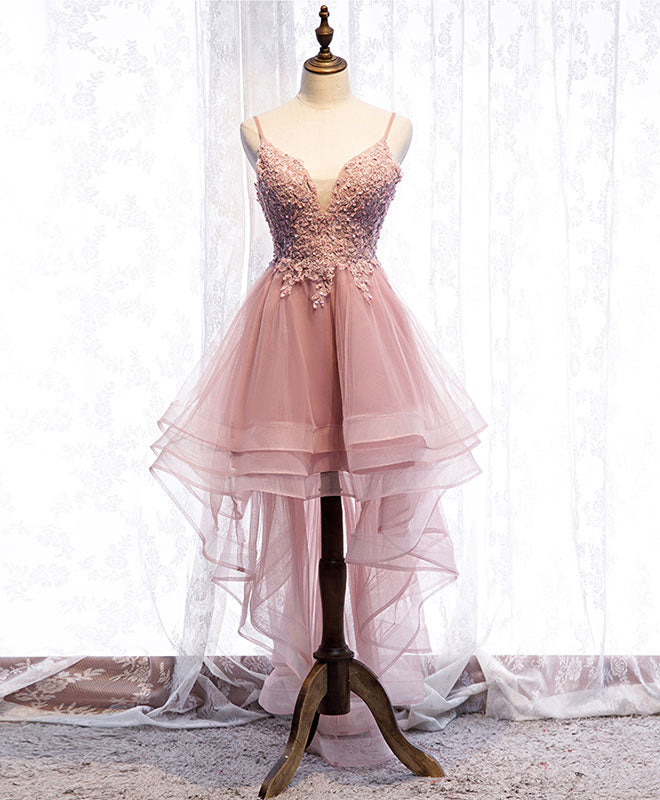 Prom Dresses With Short, Pink Tulle Lace High Low Prom Dress, Pink Homecoming Dress