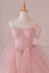 Party Dress Hair Style, Pink Tulle Lace Long Formal Dress, A-Line Off Shoulder Pink Prom Dress