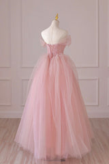 Party Dress Dress Up, Pink Tulle Lace Long Formal Dress, A-Line Off Shoulder Pink Prom Dress