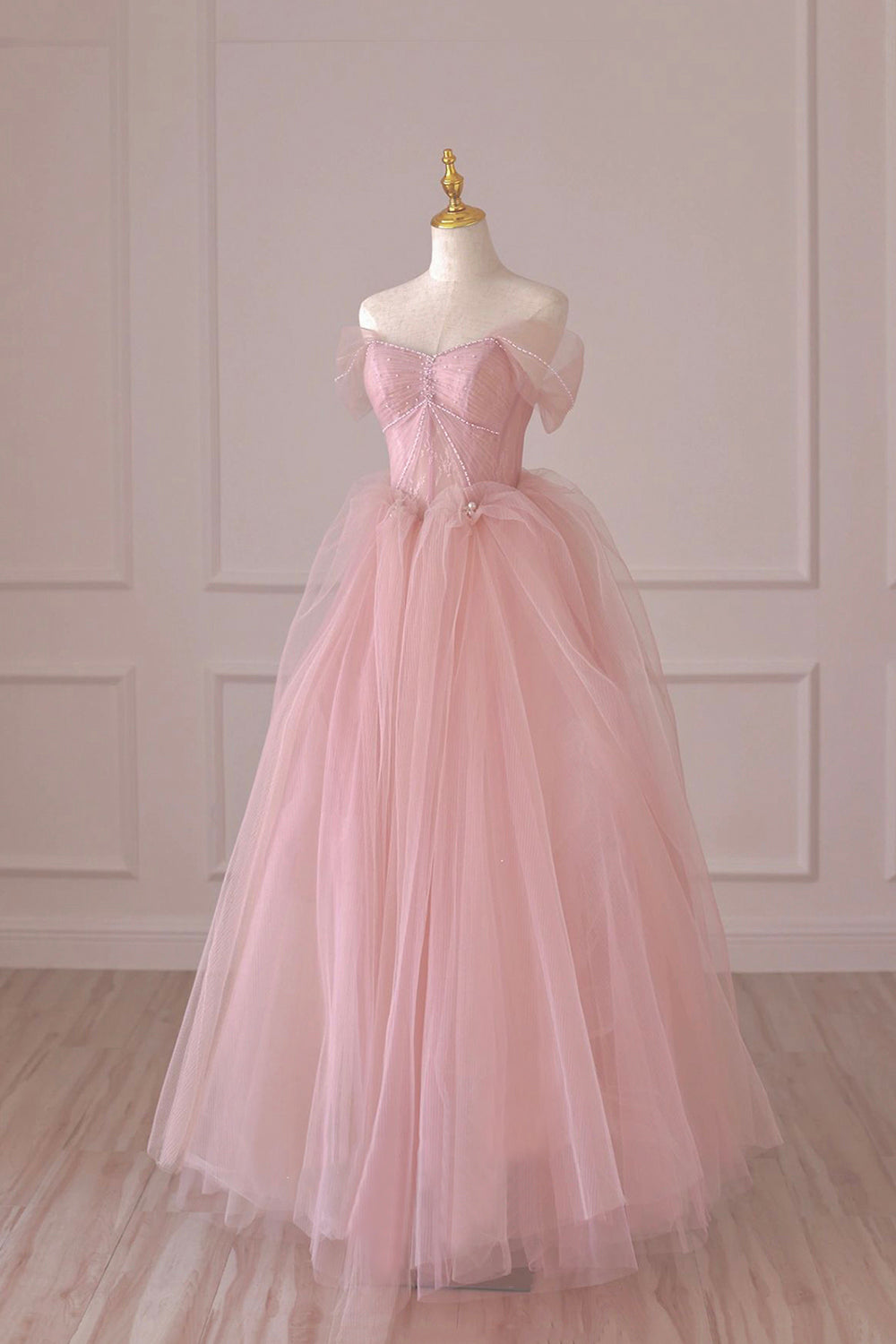 Party Dresses Styles, Pink Tulle Lace Long Formal Dress, A-Line Off Shoulder Pink Prom Dress