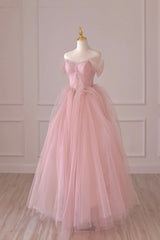 Party Dresses Styles, Pink Tulle Lace Long Formal Dress, A-Line Off Shoulder Pink Prom Dress