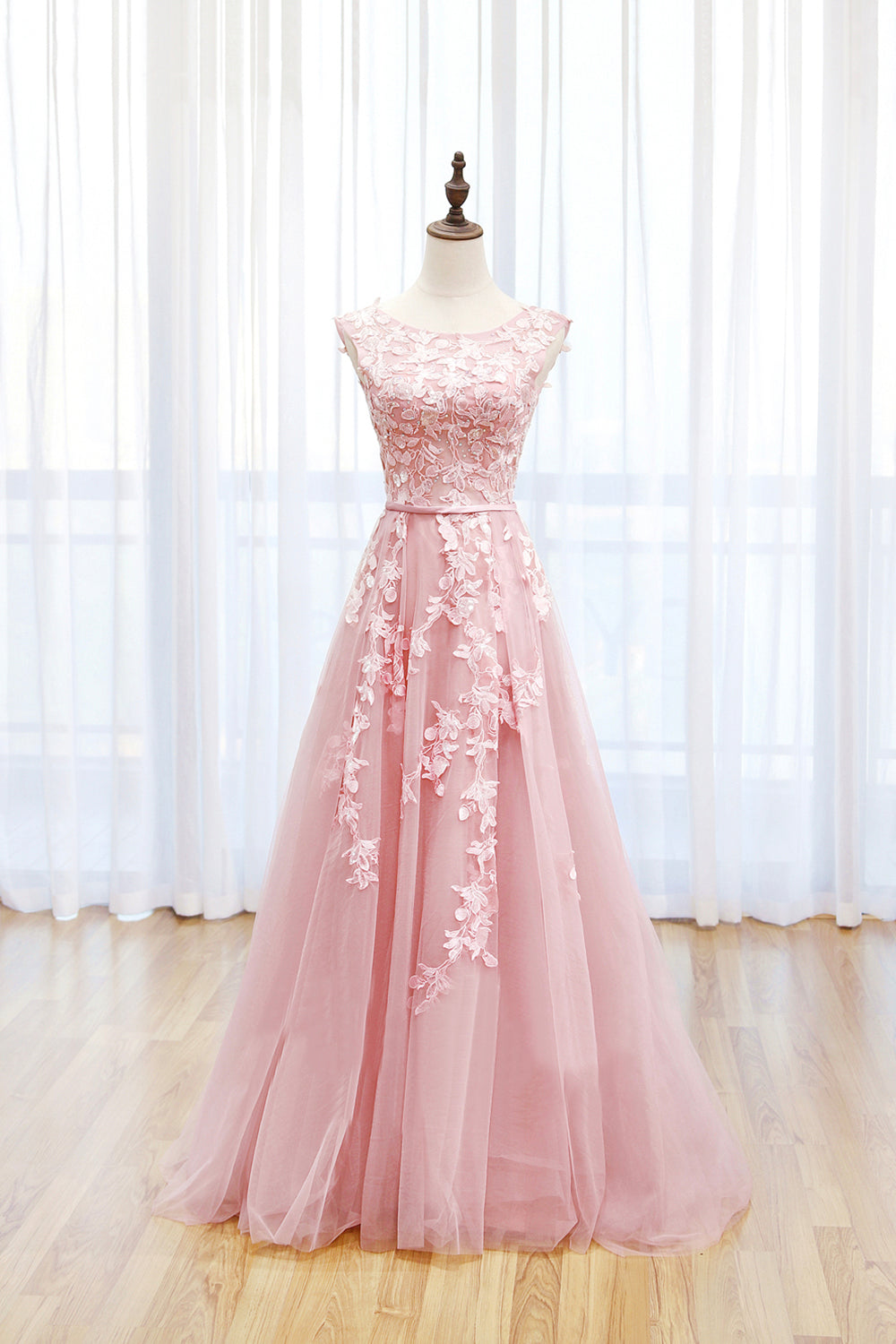 Party Dresses Ideas, Pink Tulle Lace Long Prom Dress, Lovely A-Line Open Back Evening Dress