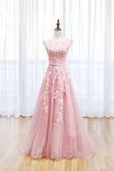 Party Dresses Ideas, Pink Tulle Lace Long Prom Dress, Lovely A-Line Open Back Evening Dress