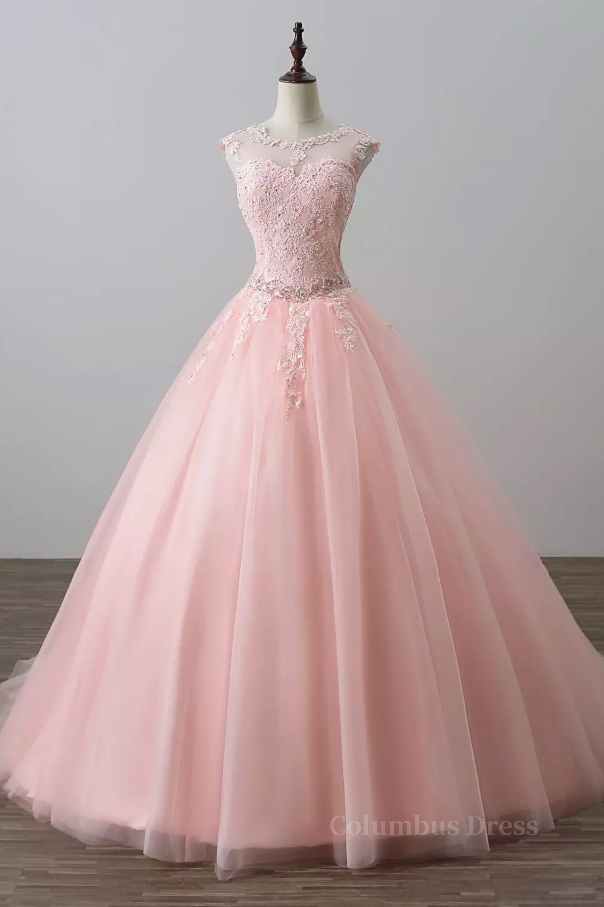 Homecoming Dresses Under 53, Pink tulle lace long prom dress, pink tulle evening dress