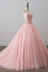 Homecoming Dress Under 53, Pink tulle lace long prom dress, pink tulle evening dress