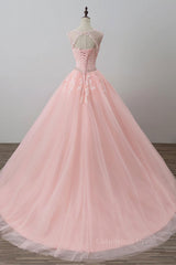 Homecomming Dresses Cute, Pink tulle lace long prom dress, pink tulle evening dress