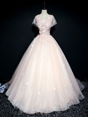 Prom Dress Designers, Pink tulle lace long prom dress, pink tulle lace evening dress