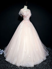 Prom Dresses Designers, Pink tulle lace long prom dress, pink tulle lace evening dress