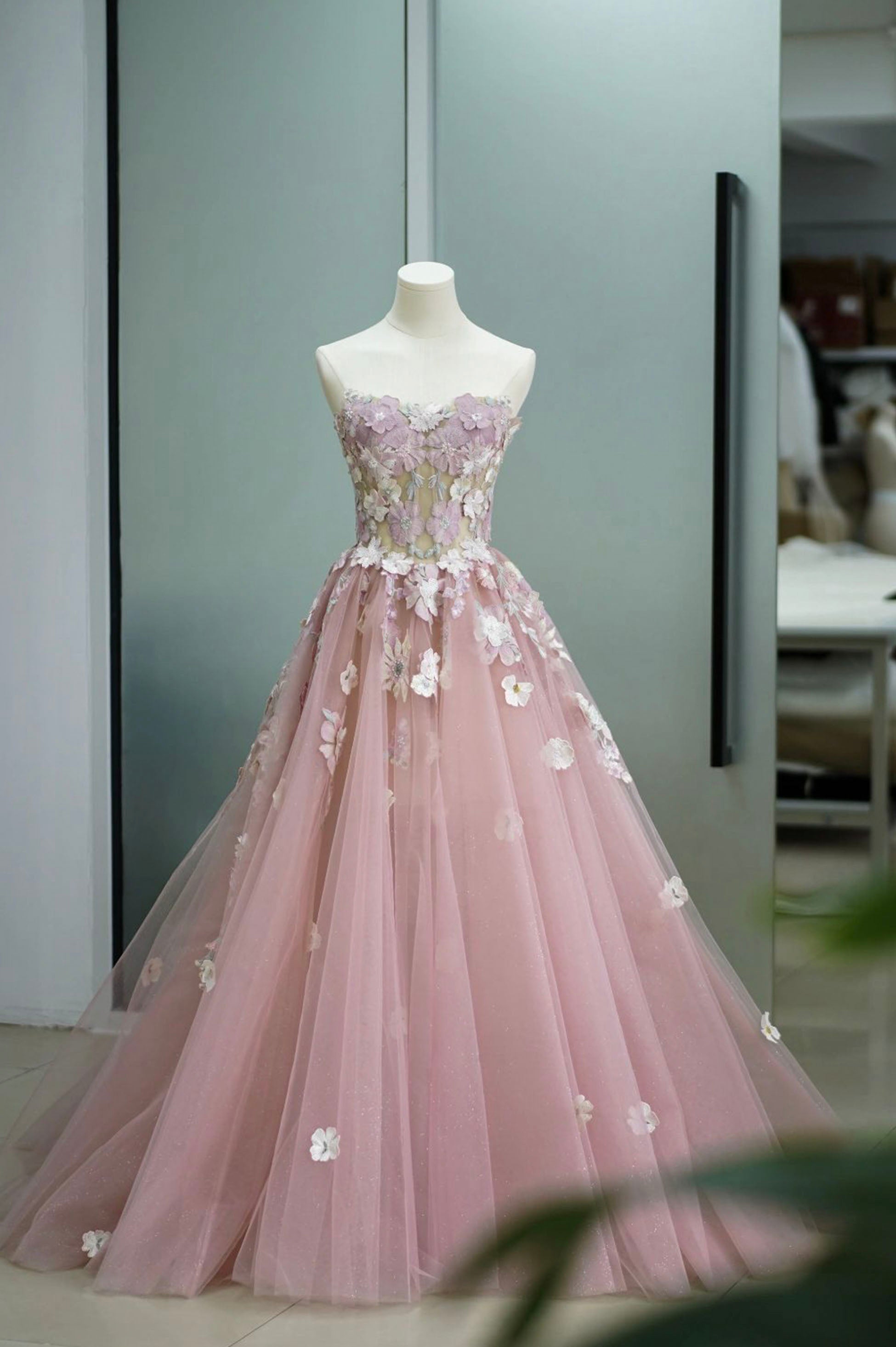 Evening Dresses Online, Pink Tulle Lace Long Prom Dress, Strapless A-Line Evening Graduation Dress